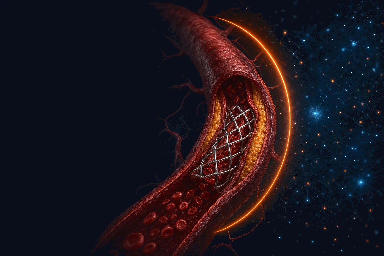 Coronary artery cross-section with a deployed wire-mesh stent across atherosclerotic plaque, a copper eclipse arc curving around the vessel, fading into a blue molecular cosmic network.