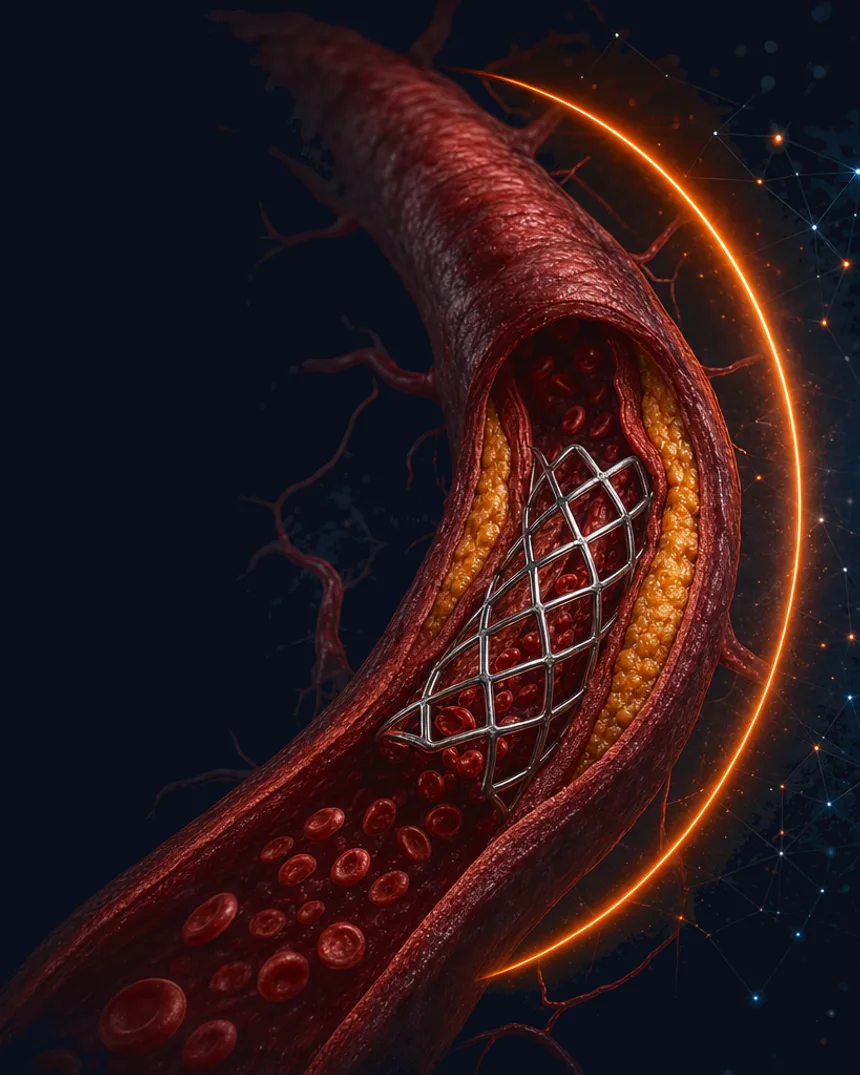 Coronary artery cross-section with a deployed wire-mesh stent across atherosclerotic plaque and a copper eclipse arc.